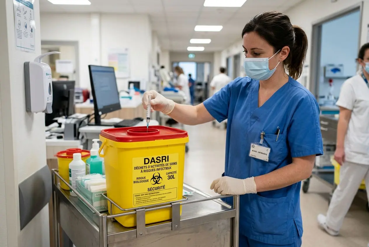 Personnel médical en blouse et masque manipulant un collecteur dasri jaune à fermé, dans un couloir d’hôpital.