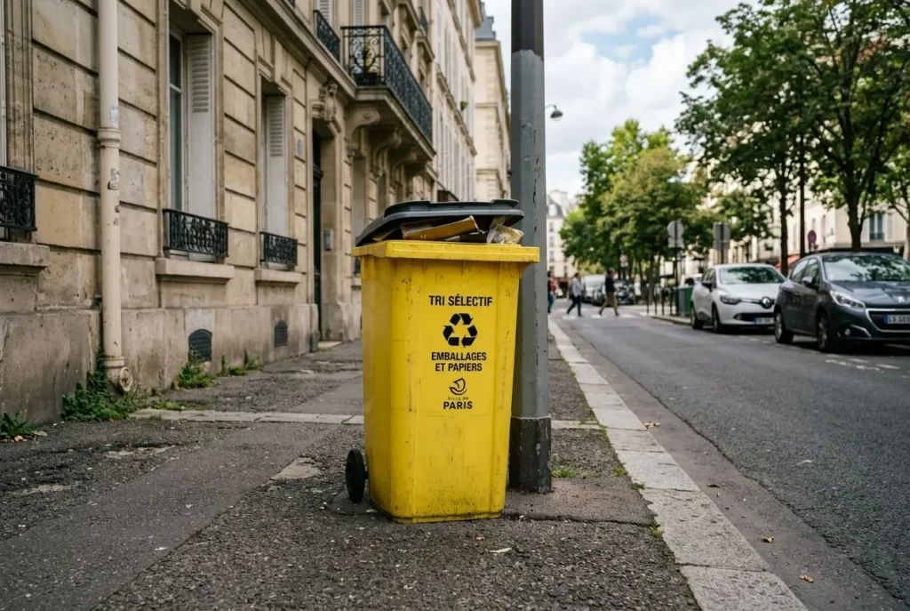Tri sélectif jaune sur le trottoir à côté d’un lampadaire, rue urbaine.