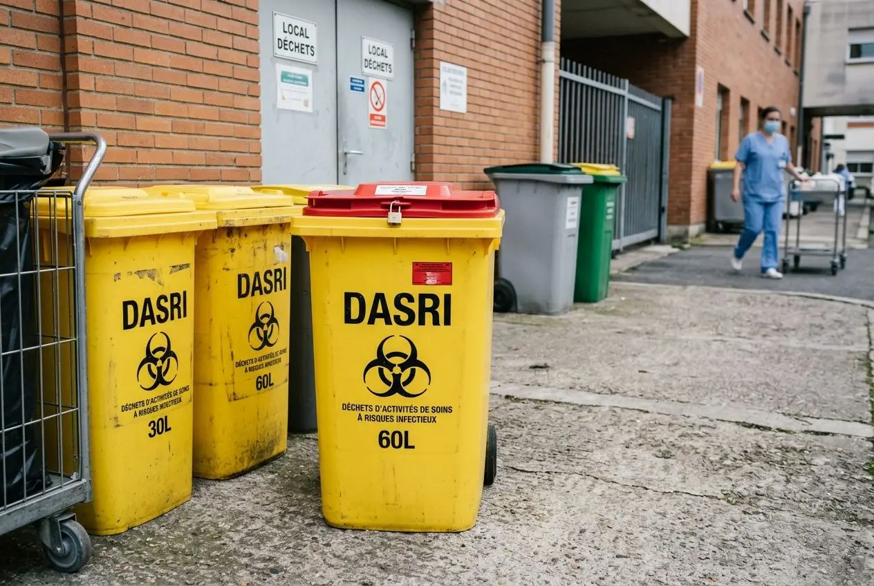 Conteneurs jaunes DASRI étiquetés "DASRI" devant bâtiment médical, dépôts de déchets à risque infectieux; symboles de biohazard et tri sélectif visibles.