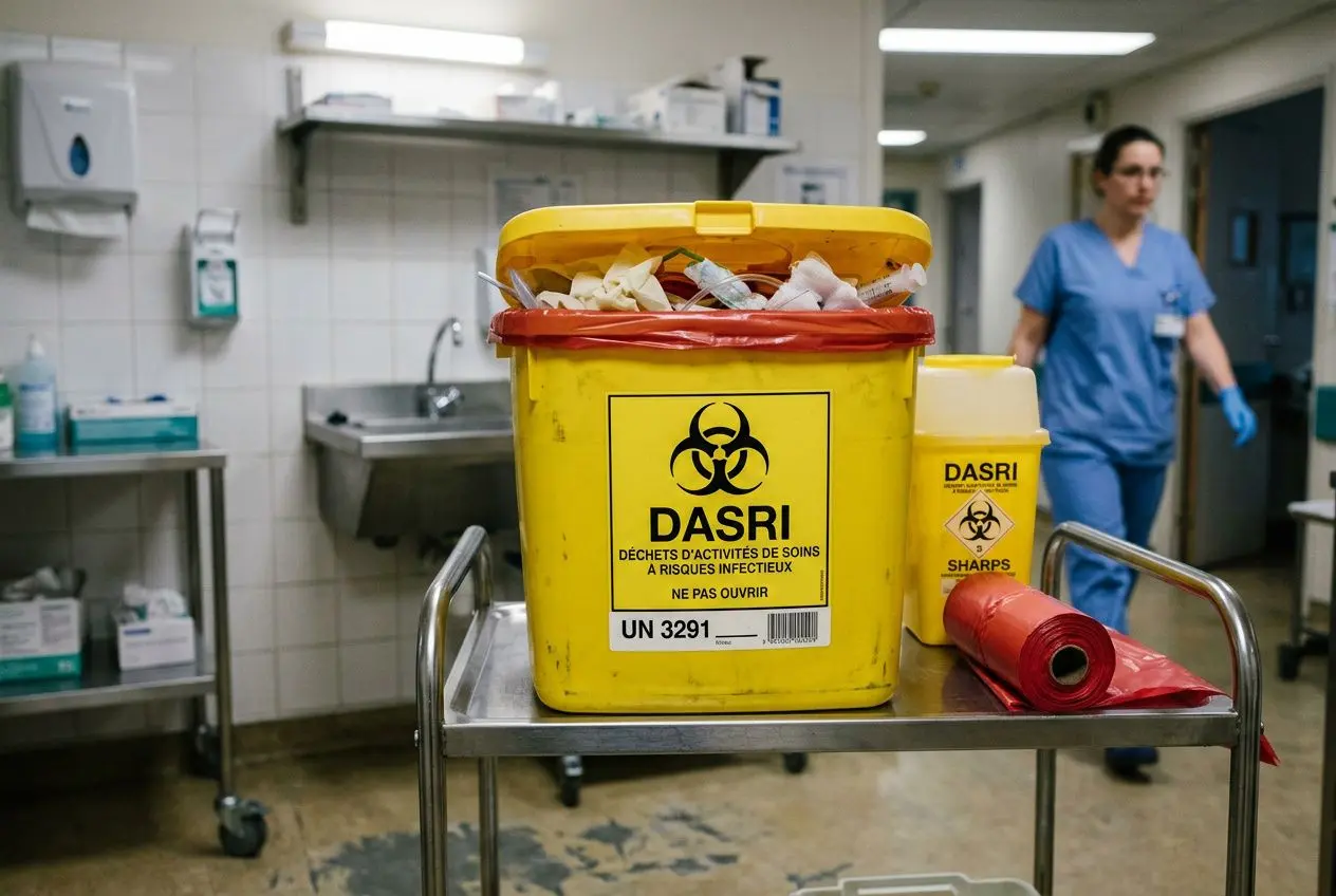 Cuvette jaune DASRI à déchets à risques infectieux sur chariot, contenu ouvert et étiquette UN 3291, matériel médical et pipettes à côté dans une salle.